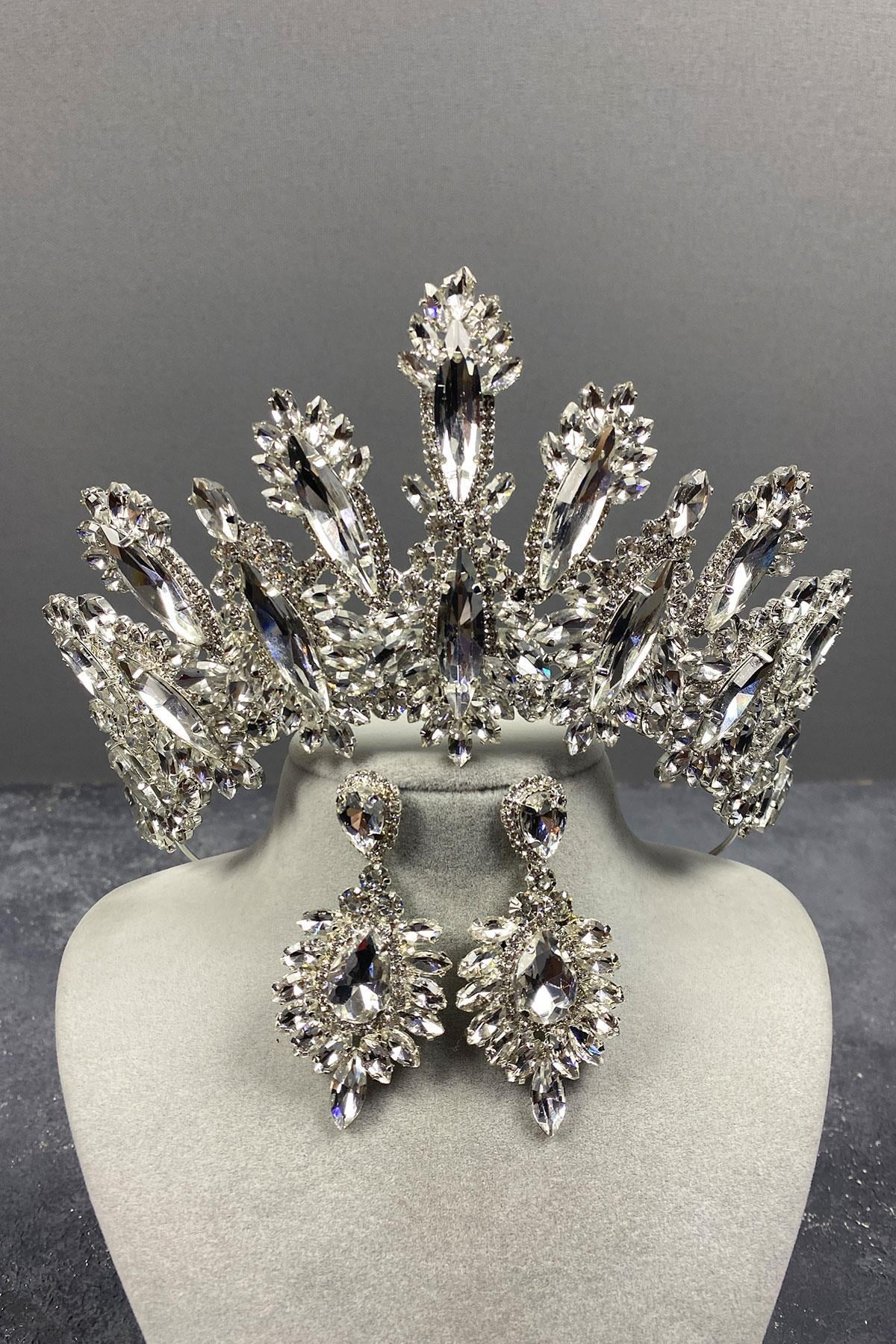 Wholesale Silver Dalia High Stone Bridal Crown Drop Shuttle Earring Set