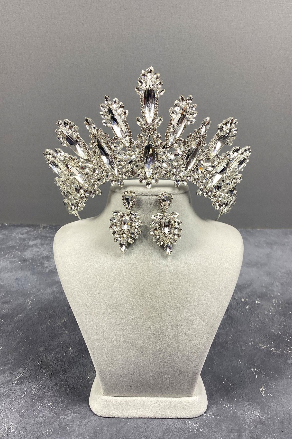Wholesale Silver Dalia High Stone Bridal Crown Shuttle Earring Set