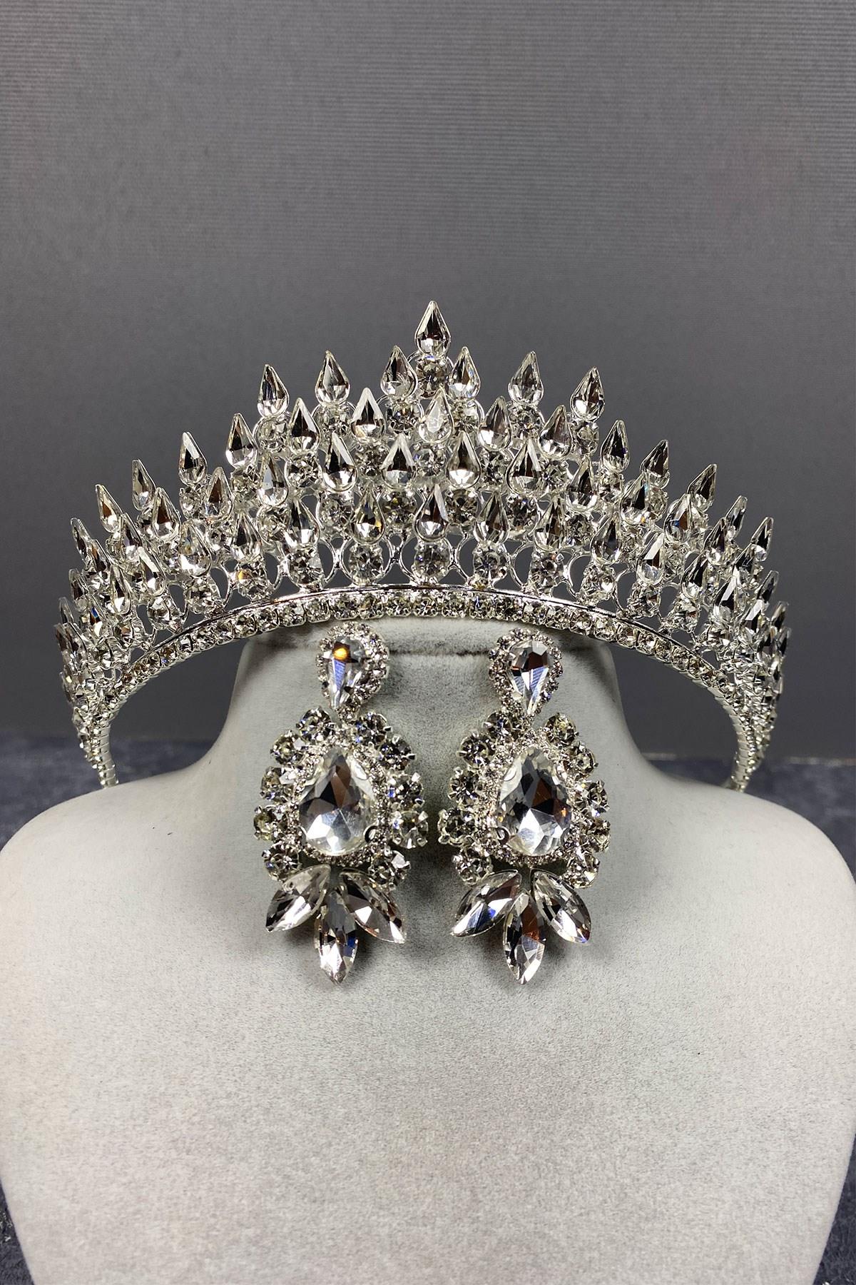 Wholesale Silver Drop 3D Bridal Crown and Evening Dress Earring Set