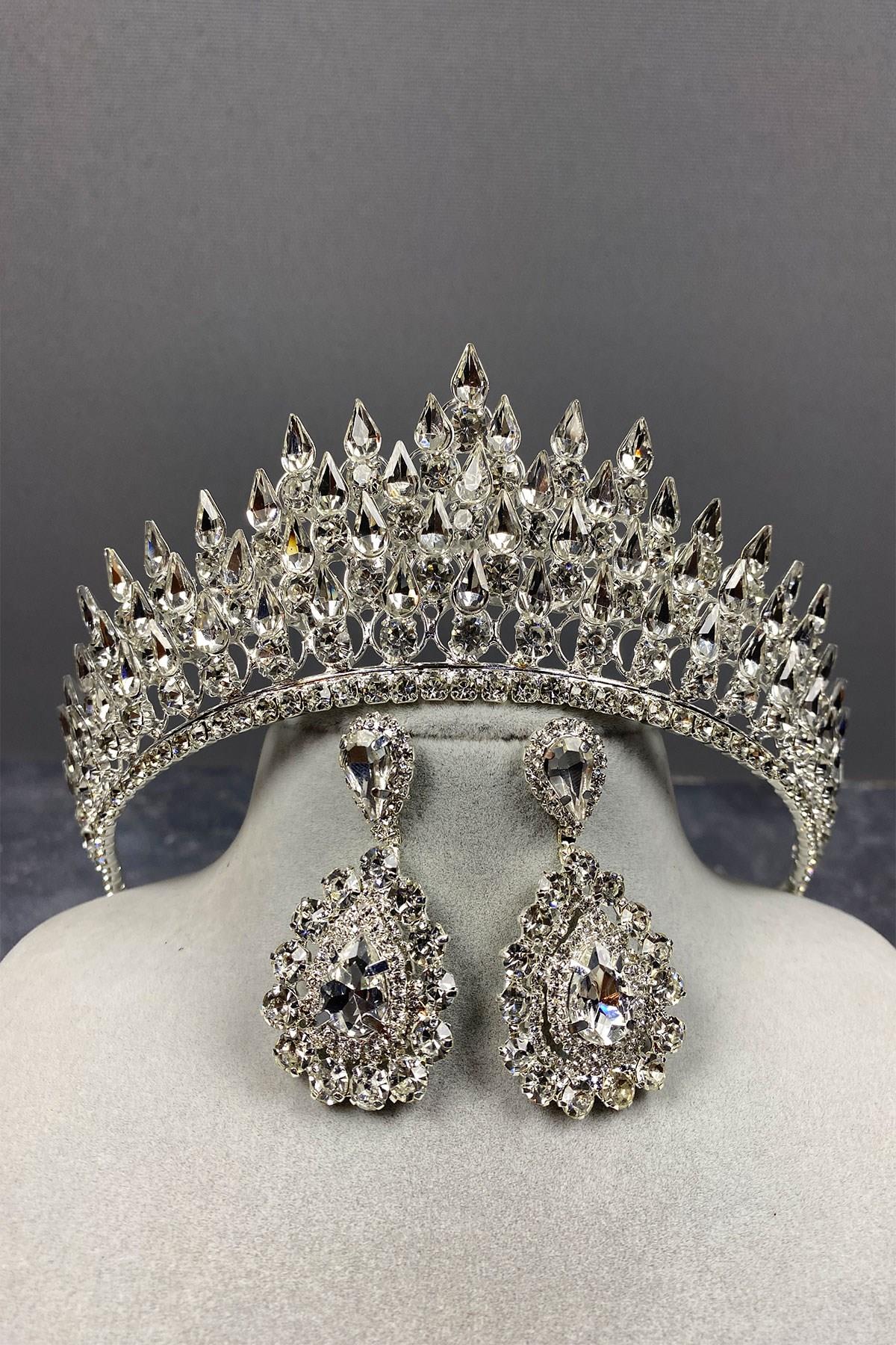 Wholesale Silver Drop 3D Bridal Crown and Stone Earring Set