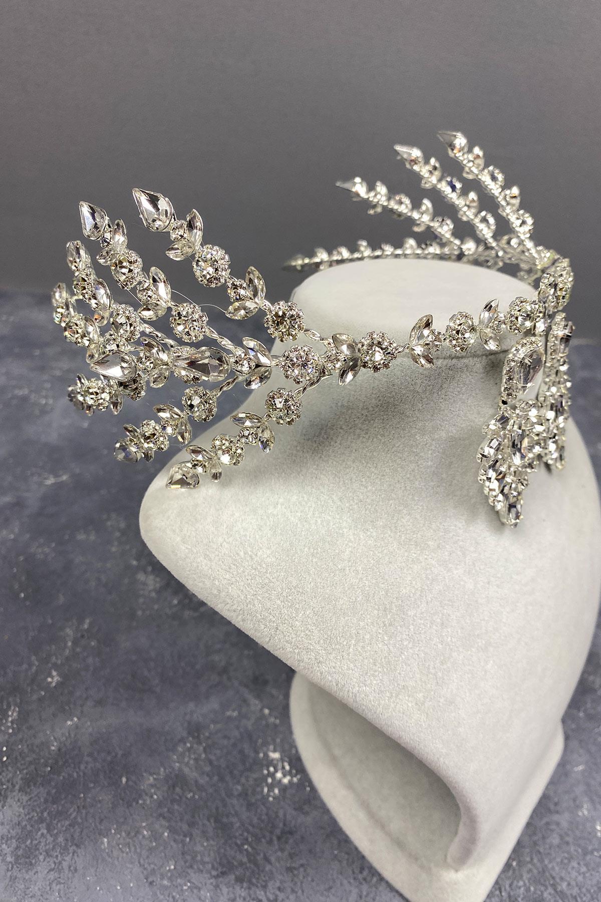 Wholesale Silver Hellenist Bridal Henna Crown and Shuttle Stone Earring Set