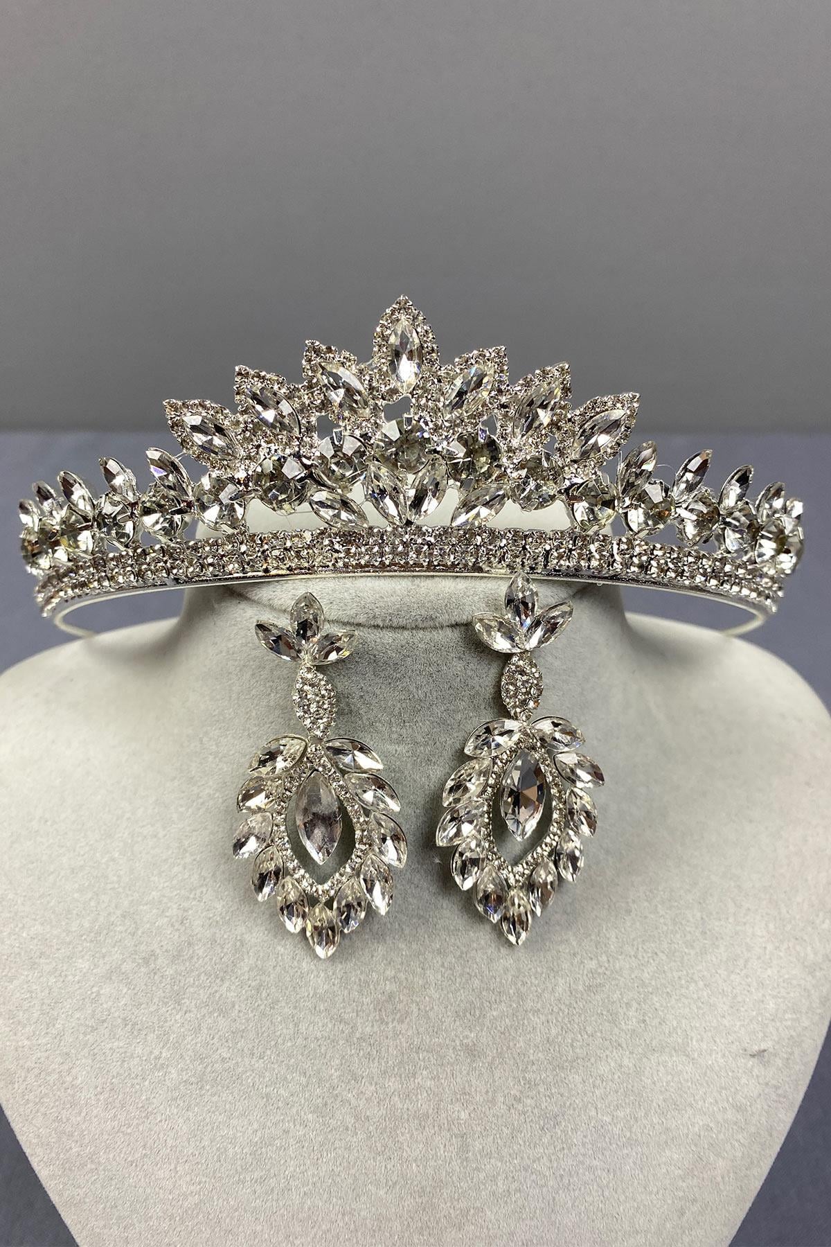 Wholesale Silver Leyn Bridal Crown and Shuttle Stone Earrings