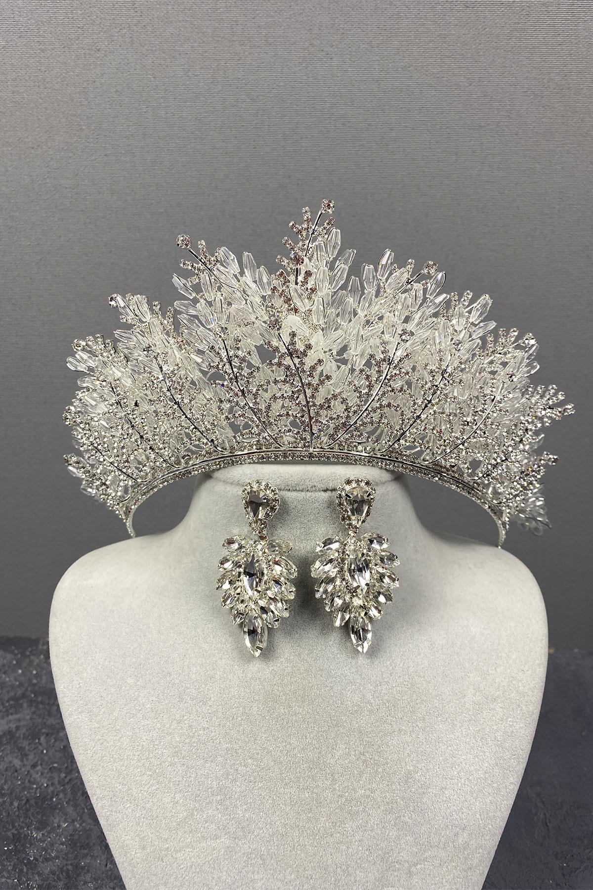 Wholesale Silver Nairobi Beaded Bridal Crown and Stone Earring Set