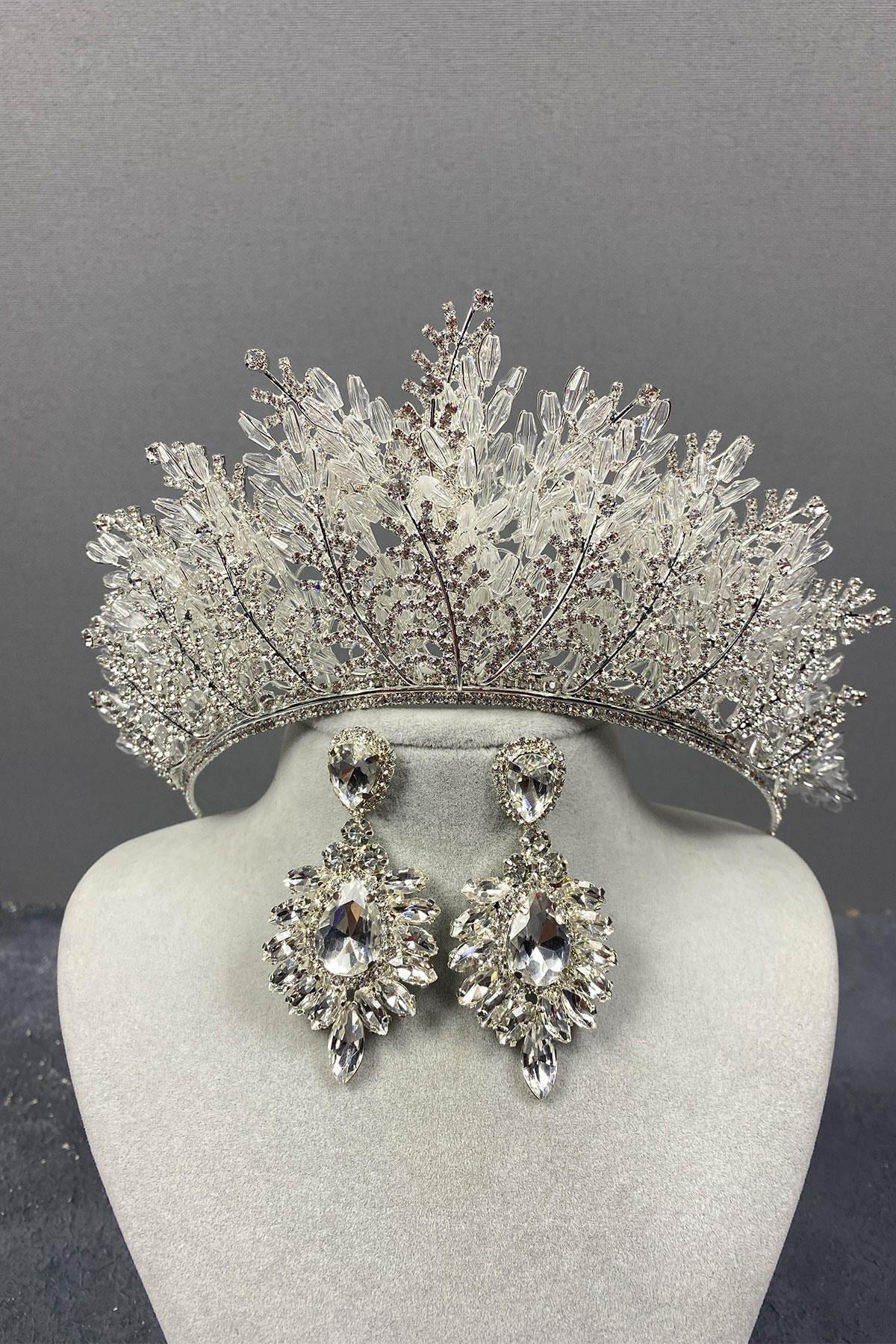 Wholesale Silver Nairobi Beaded Bridal Crown and Earring Set