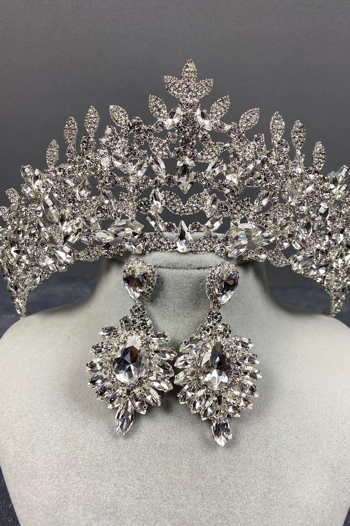 Wholesale Silver Oscar Bridal Crown and Shuttle Stone Earring Set