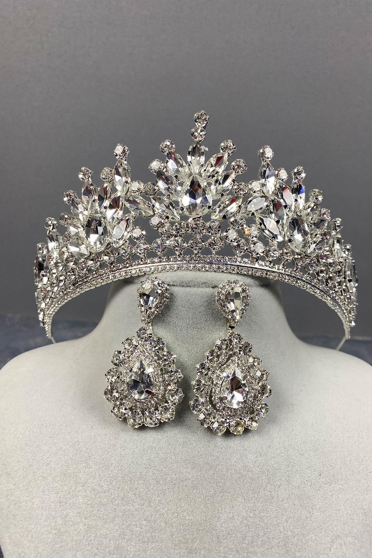 Wholesale Silver Pera Bridal Crown and Drop Evening Dress Earrings