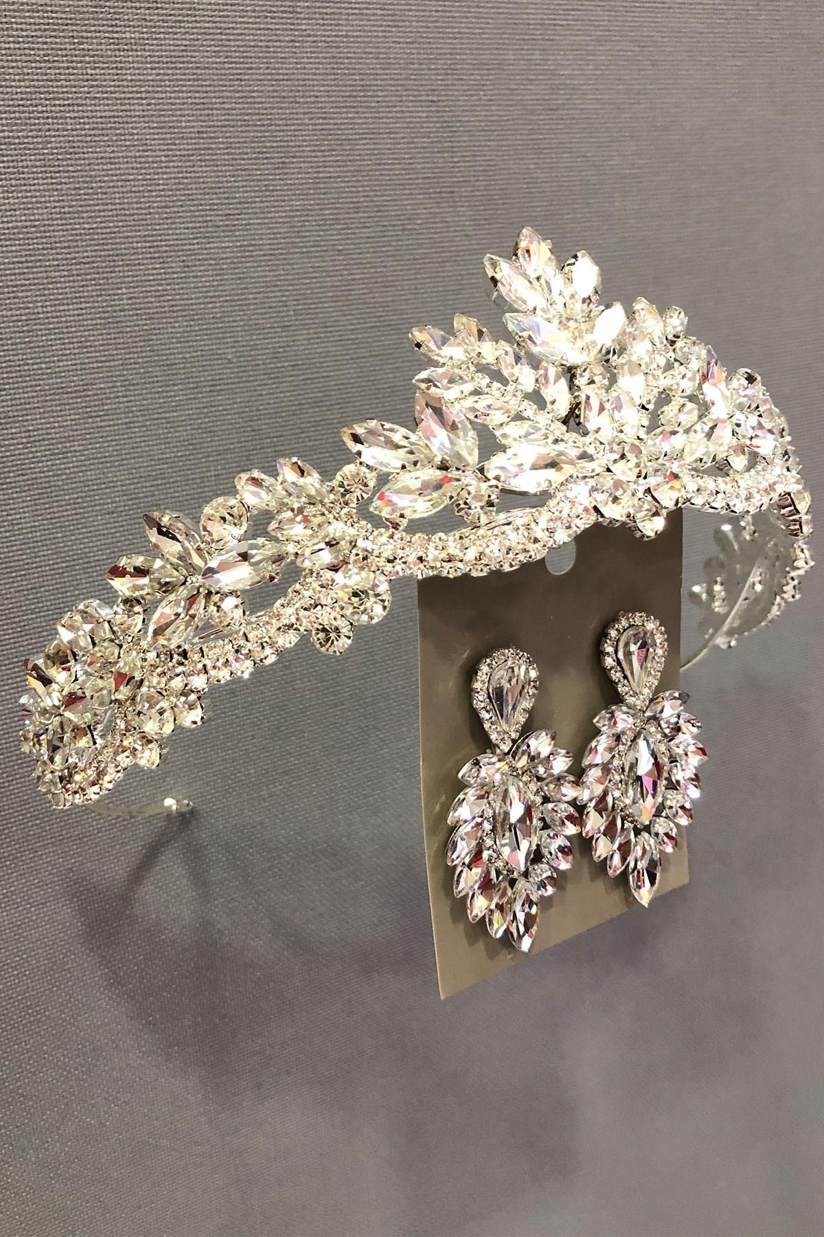 Wholesale Silver Color Crystal Stone Henna, Bridal Crown and Earring Set