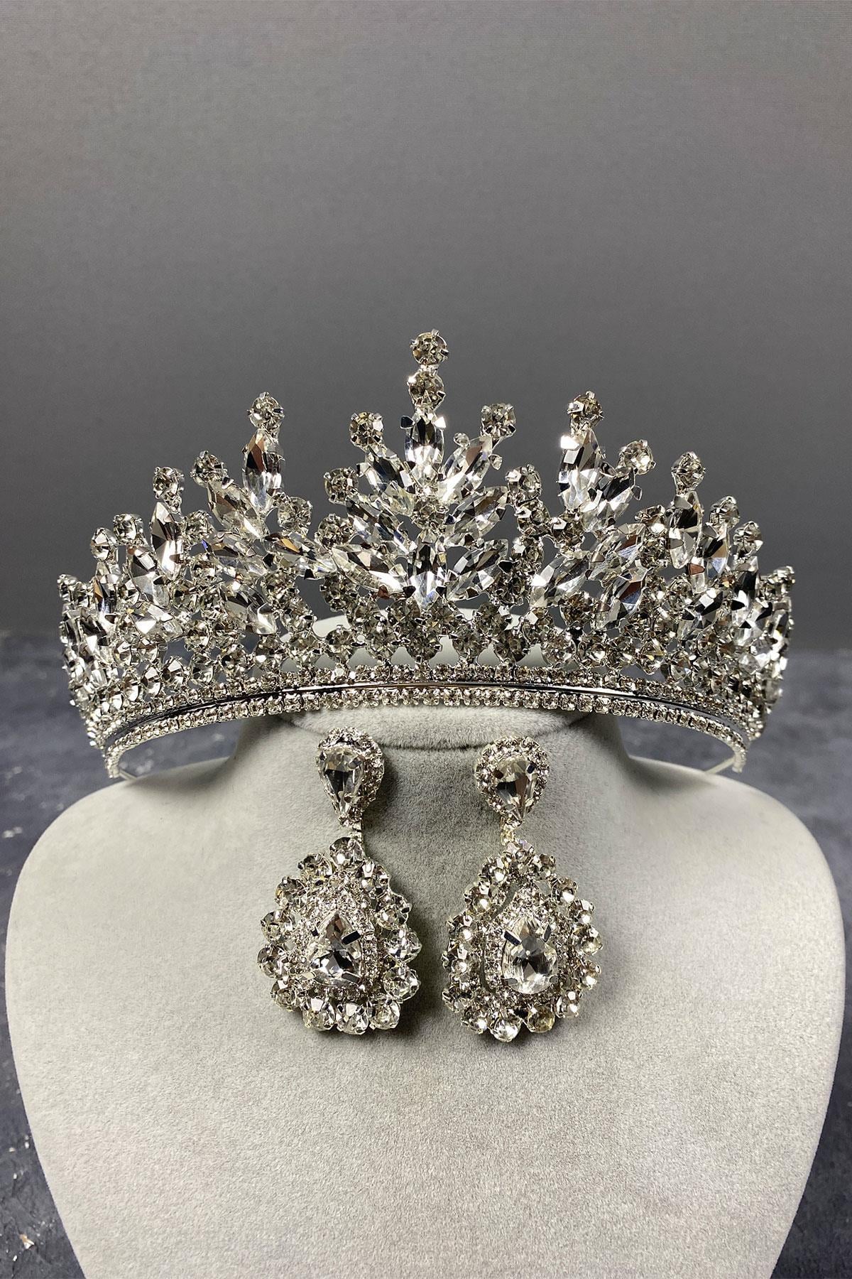 Wholesale Silver Rio Stone Bridal Crown and Evening Dress Earring Set