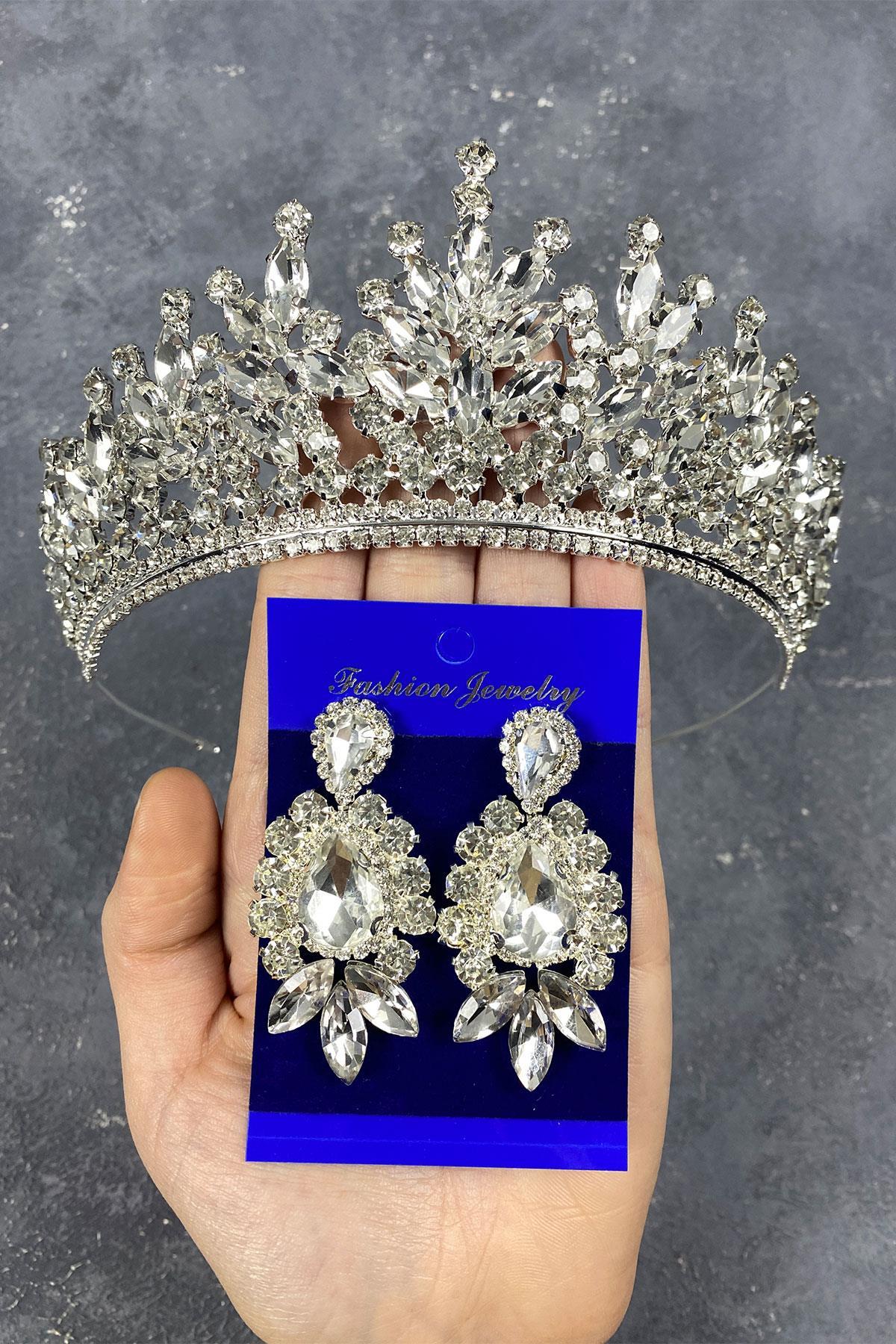 Wholesale Silver Rio Stone Bridal Crown and Shuttle Pattern Earrings