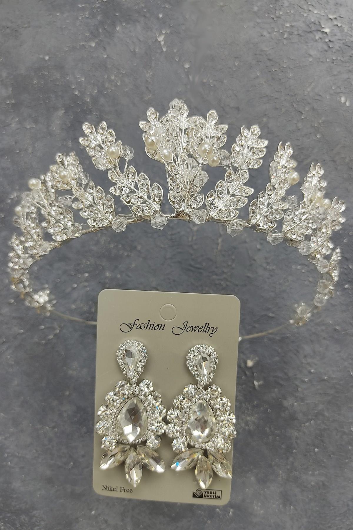 Wholesale Pearled Leaf Model Bridal Crown and Shuttle Drop Stone Earrings