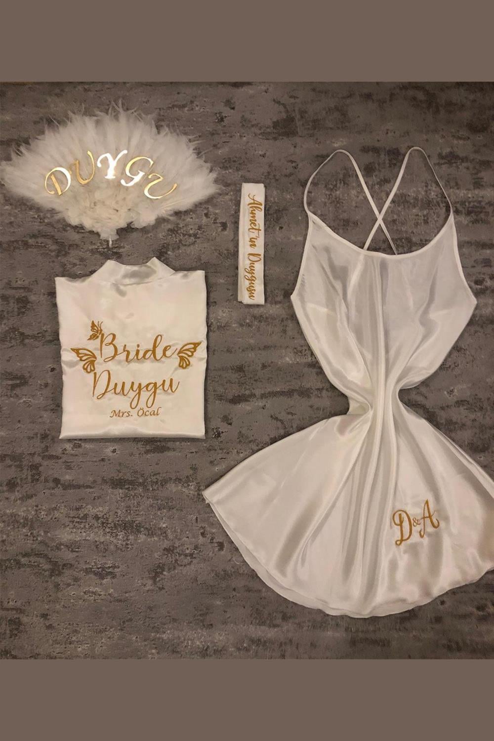 Wholesale Custom Embroidered Nightgown, Bride Dressing Gown and Fan Set