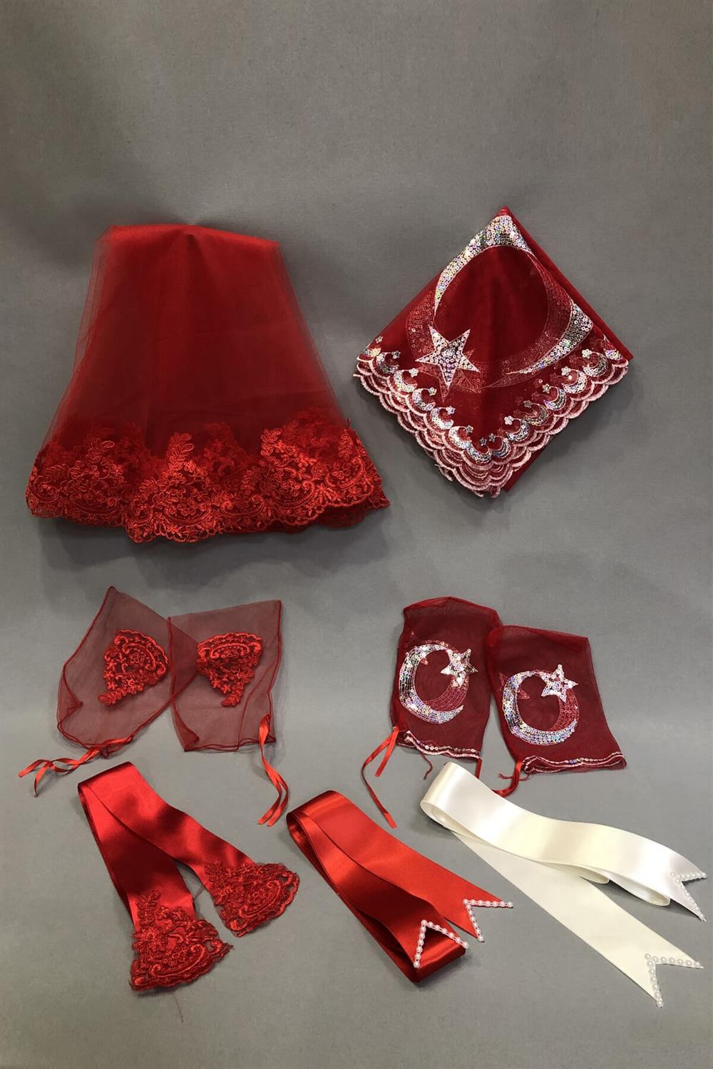 Wholesale Red Bridal Veil, Crescent Star Groom Veil and Jewelry Ribbon Set