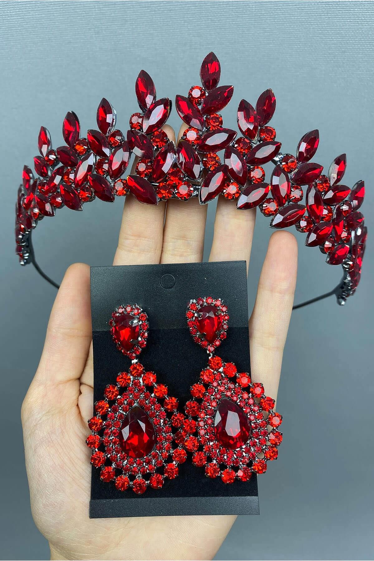 Wholesale Red Subra Model Bridal Henna Crown and Earrings