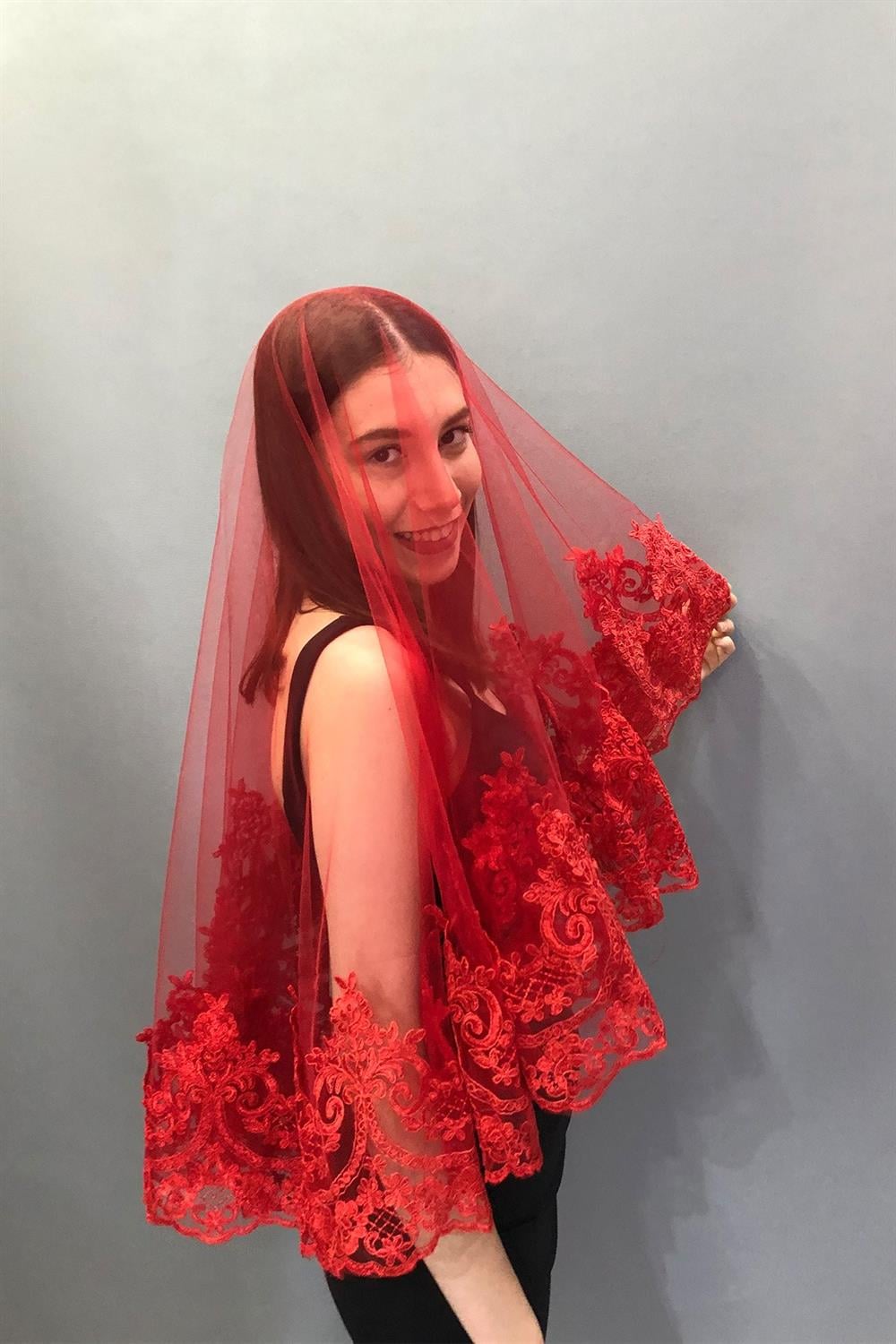 Wholesale Red Sultan Patterned Bridal Face Veil