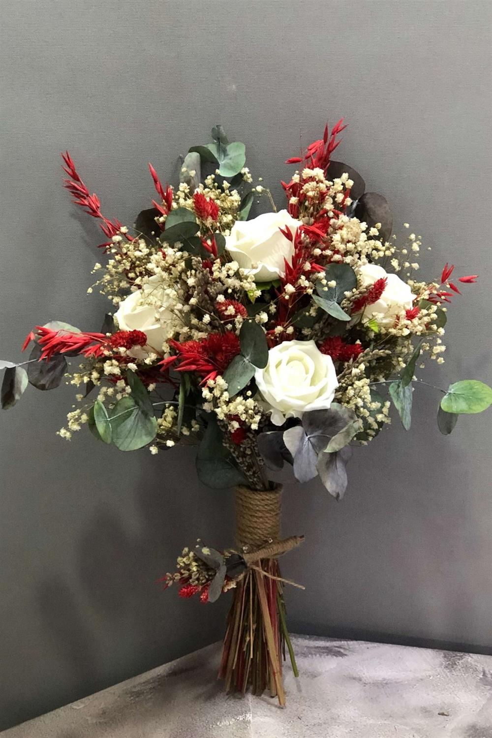 Wholesale Red Bridal Bouquet Mixed with Dried and Artificial Flowers