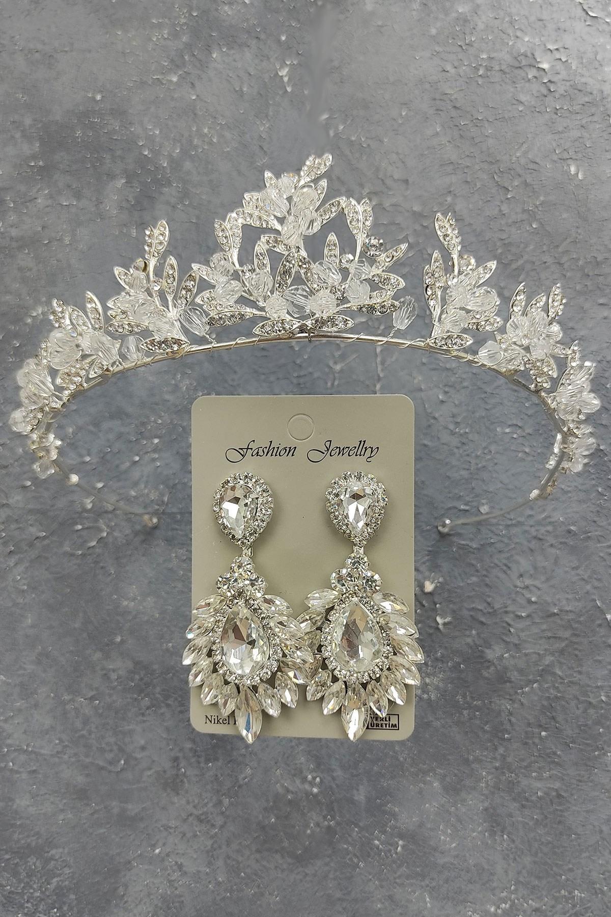 Wholesale Kraz Model Bridal Crown and Drop Shuttle Stone Earrings
