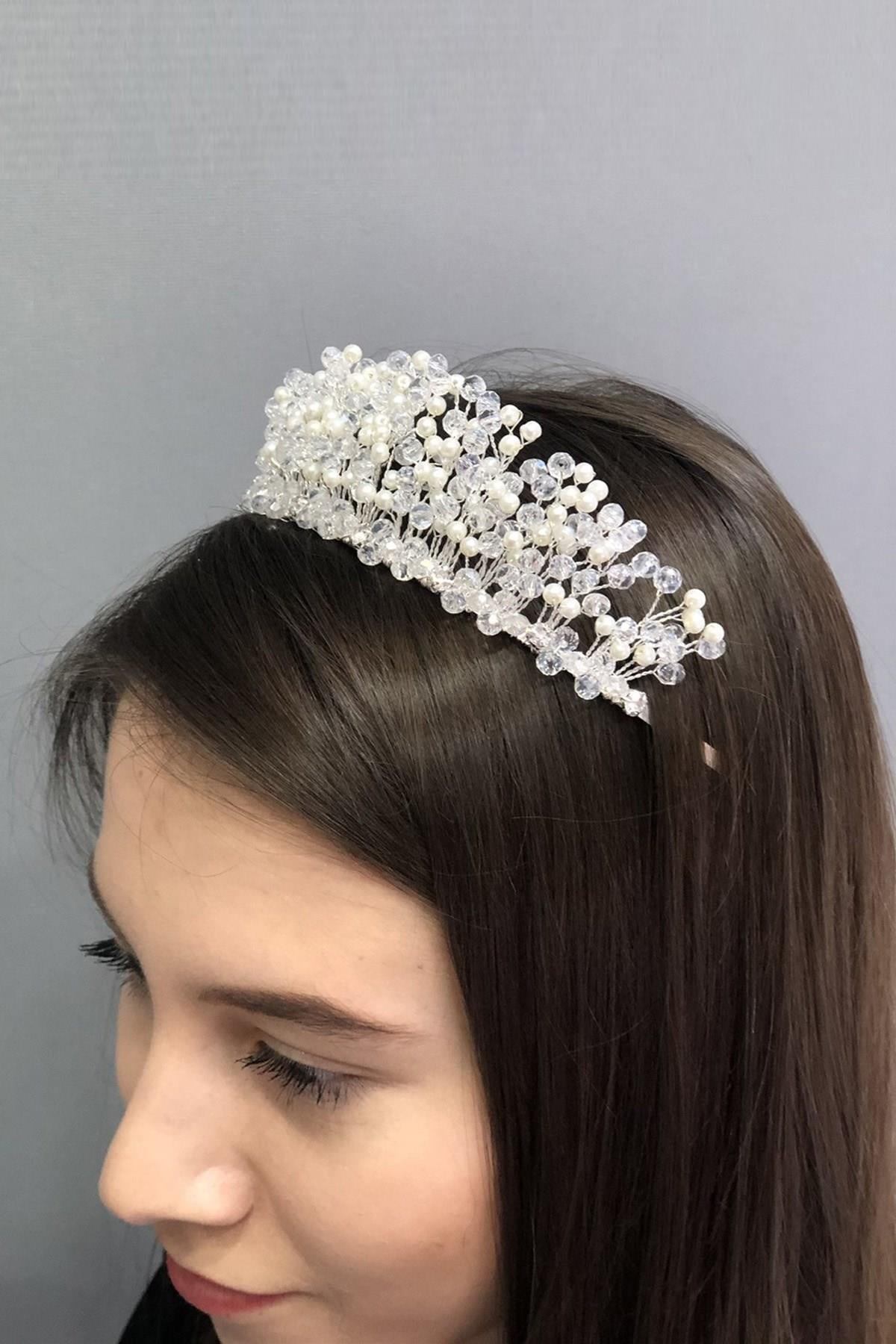 Wholesale Cream Pearled Transparent Crystal Bridal Crown