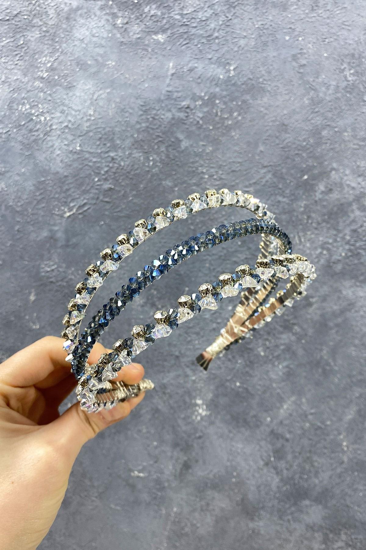 Wholesale Navy Blue 3 Row Special Design Bridal Crown Hair Accessory