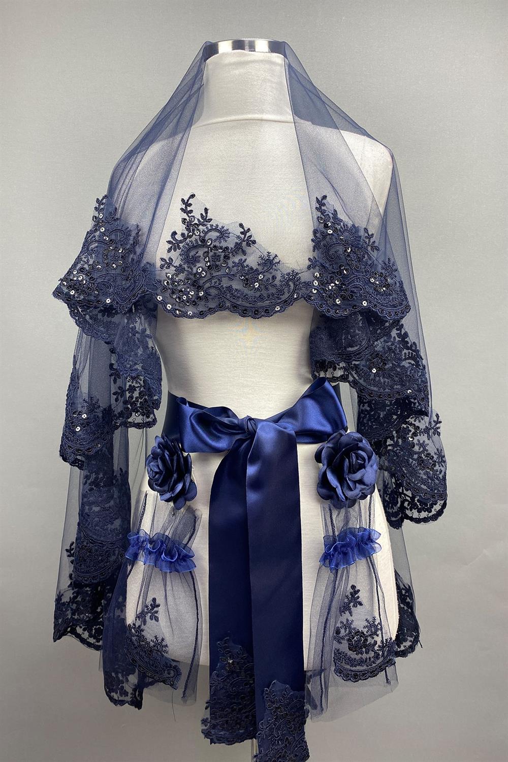 Wholesale Navy Blue Azure Sequin Bridal Veil Henna Face Veil