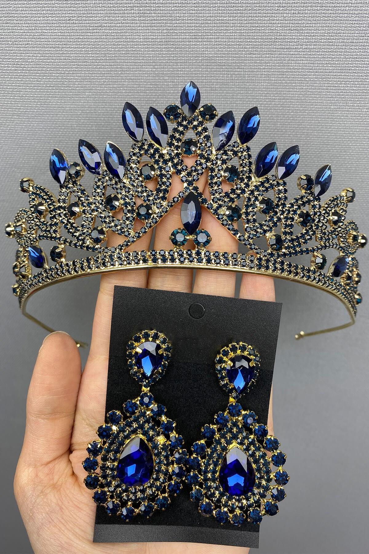 Wholesale Navy Blue Gold Bridal Henna Crown and Earrings