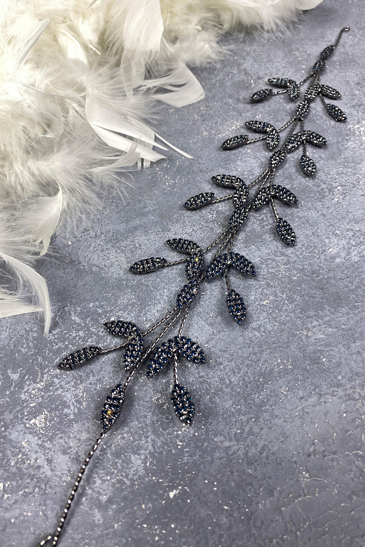 Wholesale Navy Blue Leaf Branched Yena Design Bridal Crown Hair Accessory