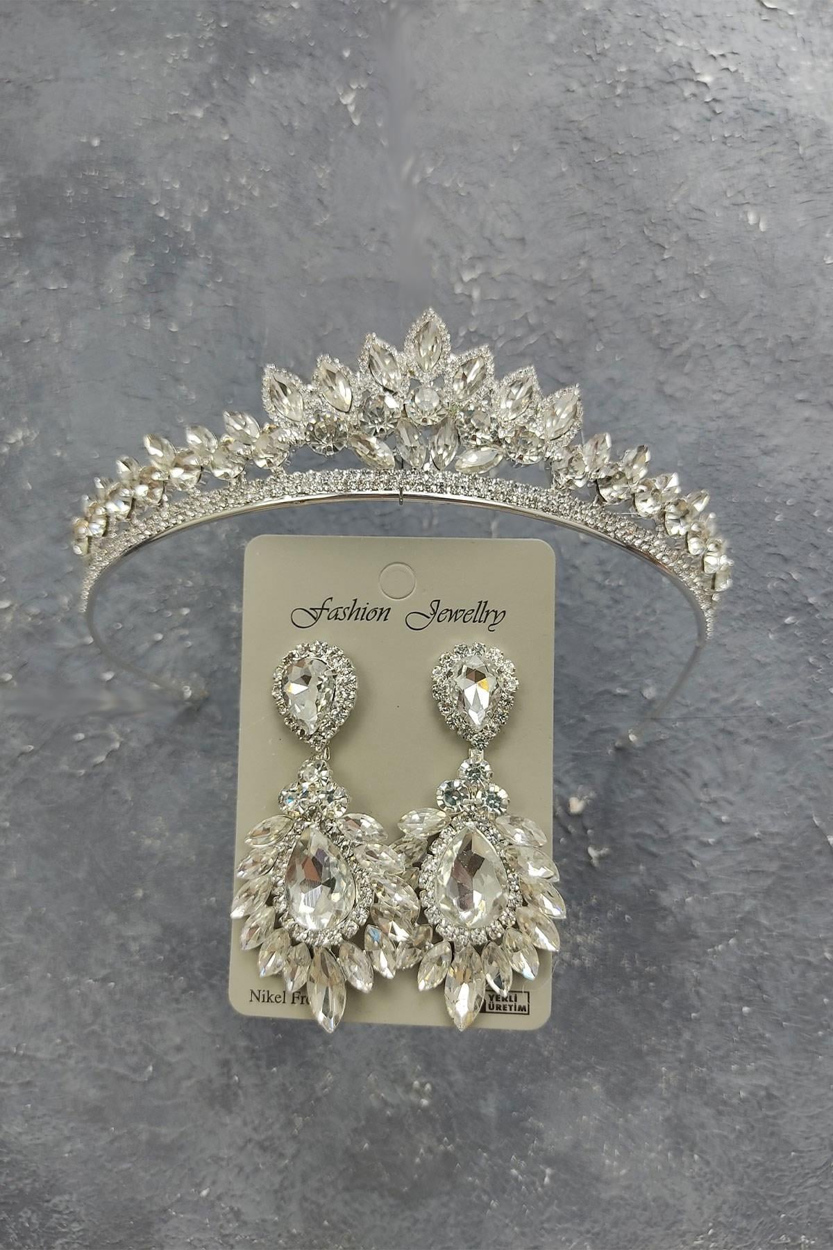 Wholesale Leyn Model Bridal Crown and Drop Shuttle Stone Earrings