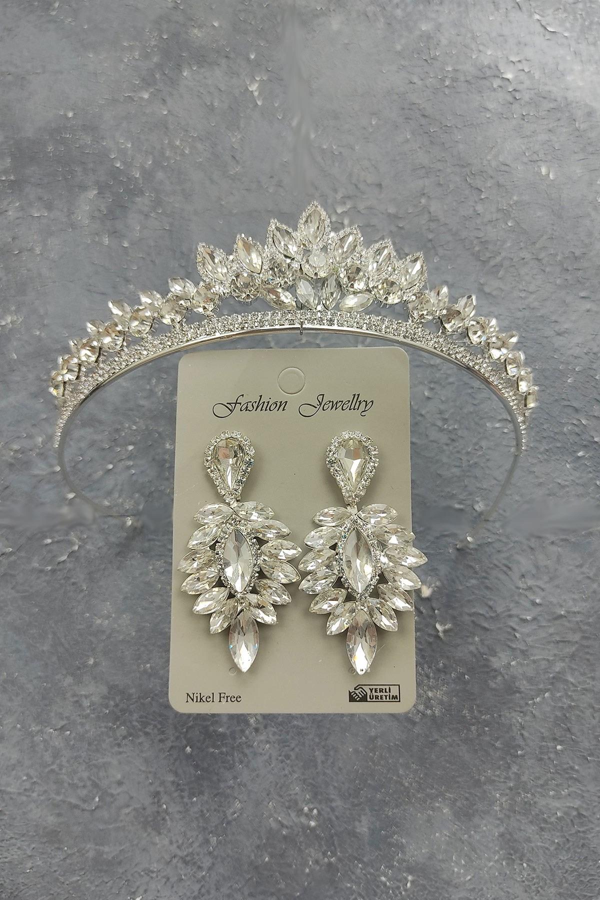 Wholesale Leyn Model Bridal Crown and Drop Stone Earrings