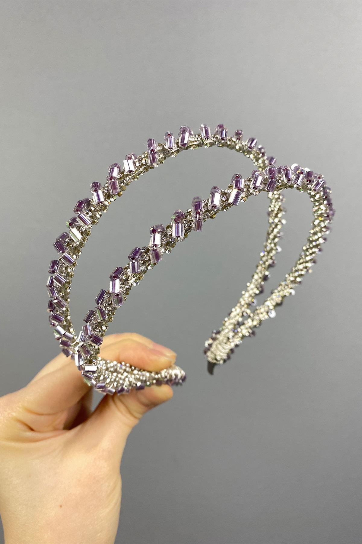 Wholesale Lilac Design Beaded Handmade Dahlia Double Row Bridal Crown