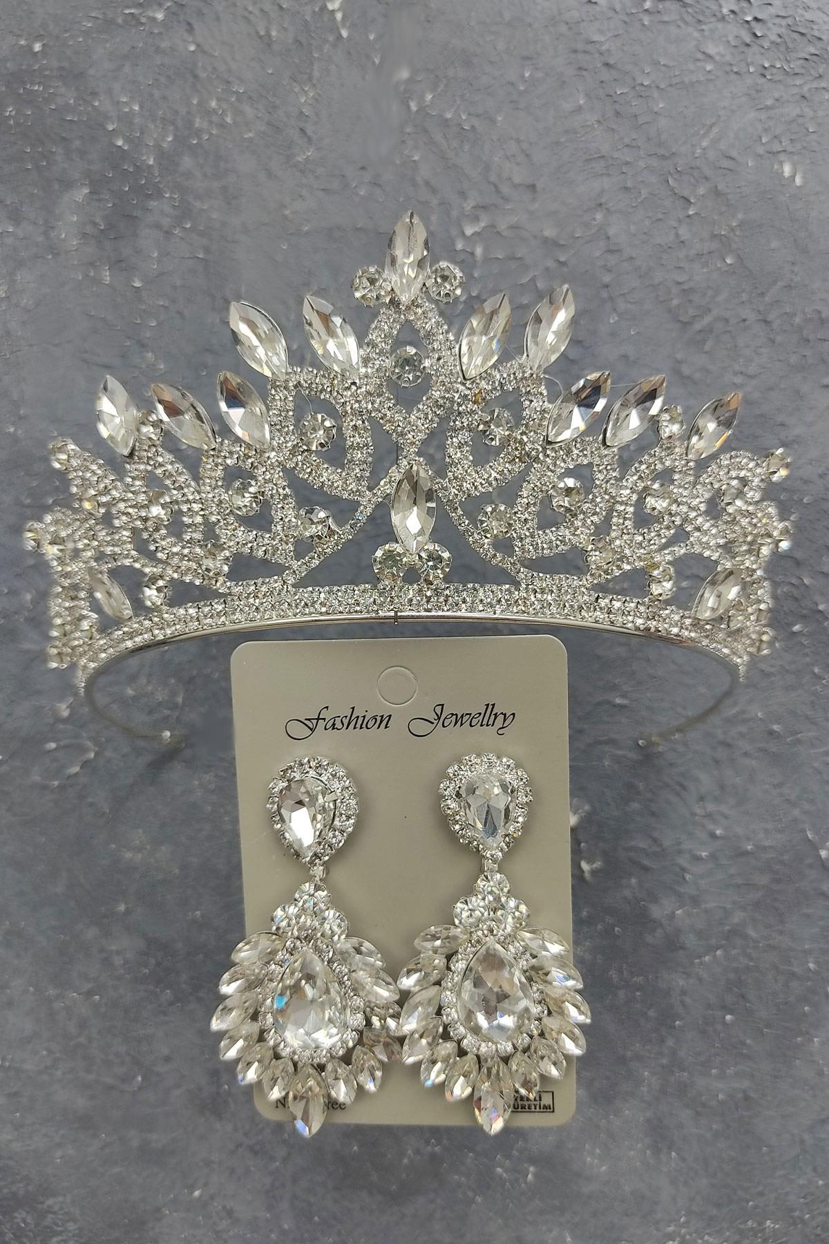 Wholesale Lilya Model Bridal Crown and Drop Shuttle Stone Earrings
