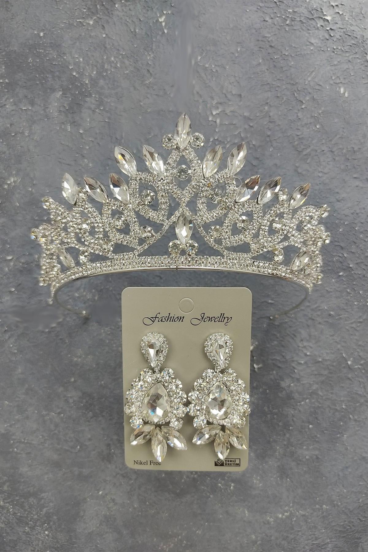 Wholesale Lilya Model Bridal Crown and Shuttle Drop Stone Earrings