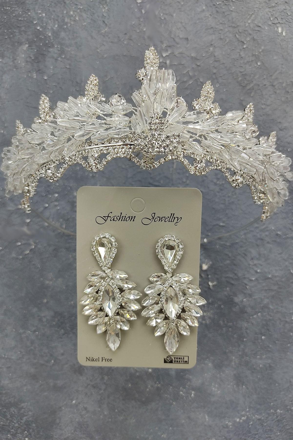 Wholesale Shuttle Beaded Almond Bridal Crown and Drop Stone Earrings
