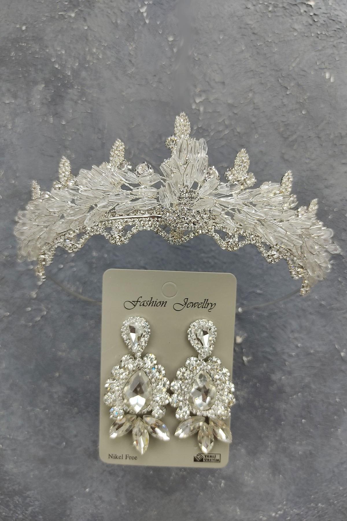 Wholesale Shuttle Beaded Almond Bridal Crown and Shuttle Drop Stone Earrings