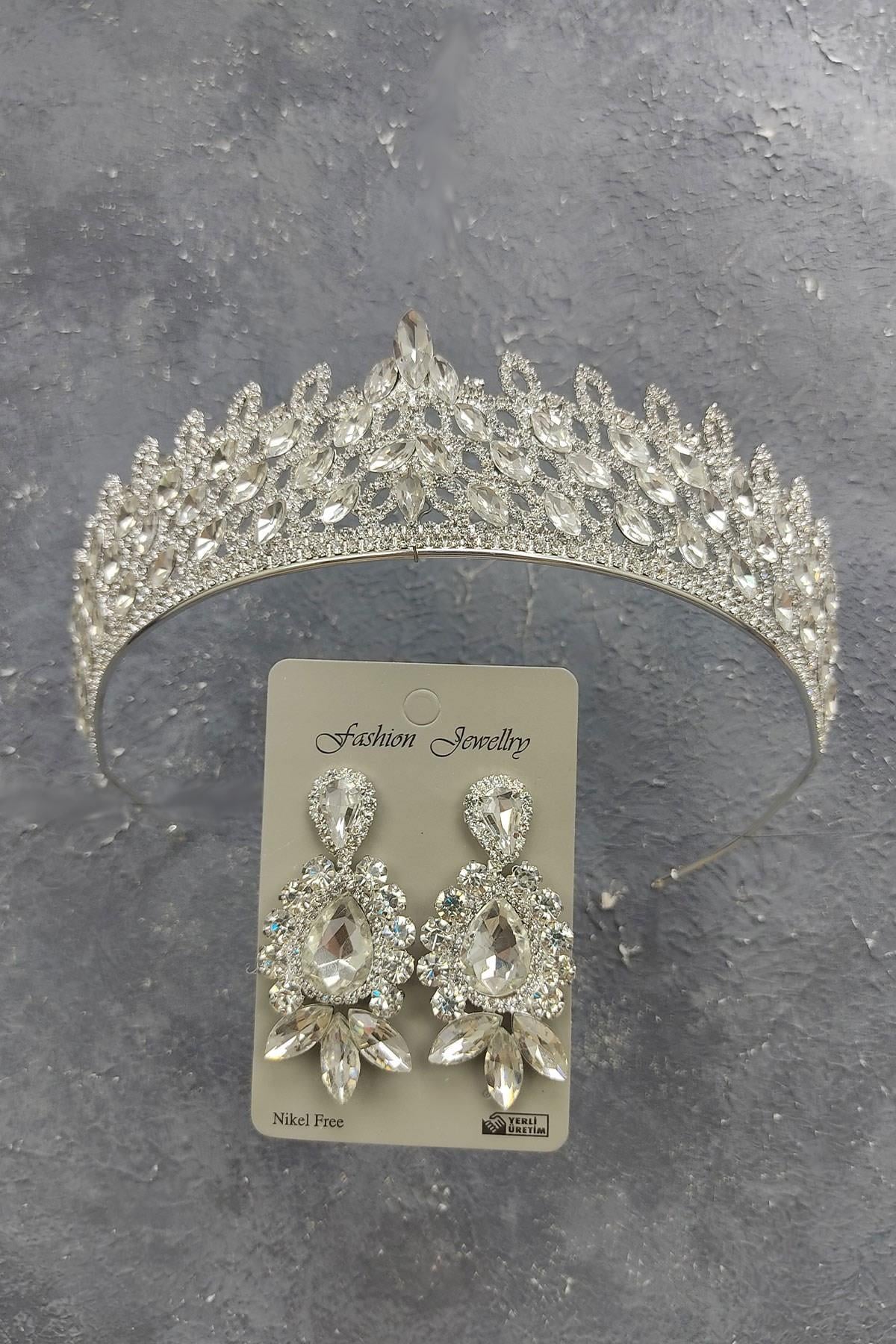 Wholesale Mia Model Bridal Crown and Shuttle Drop Stone Earrings