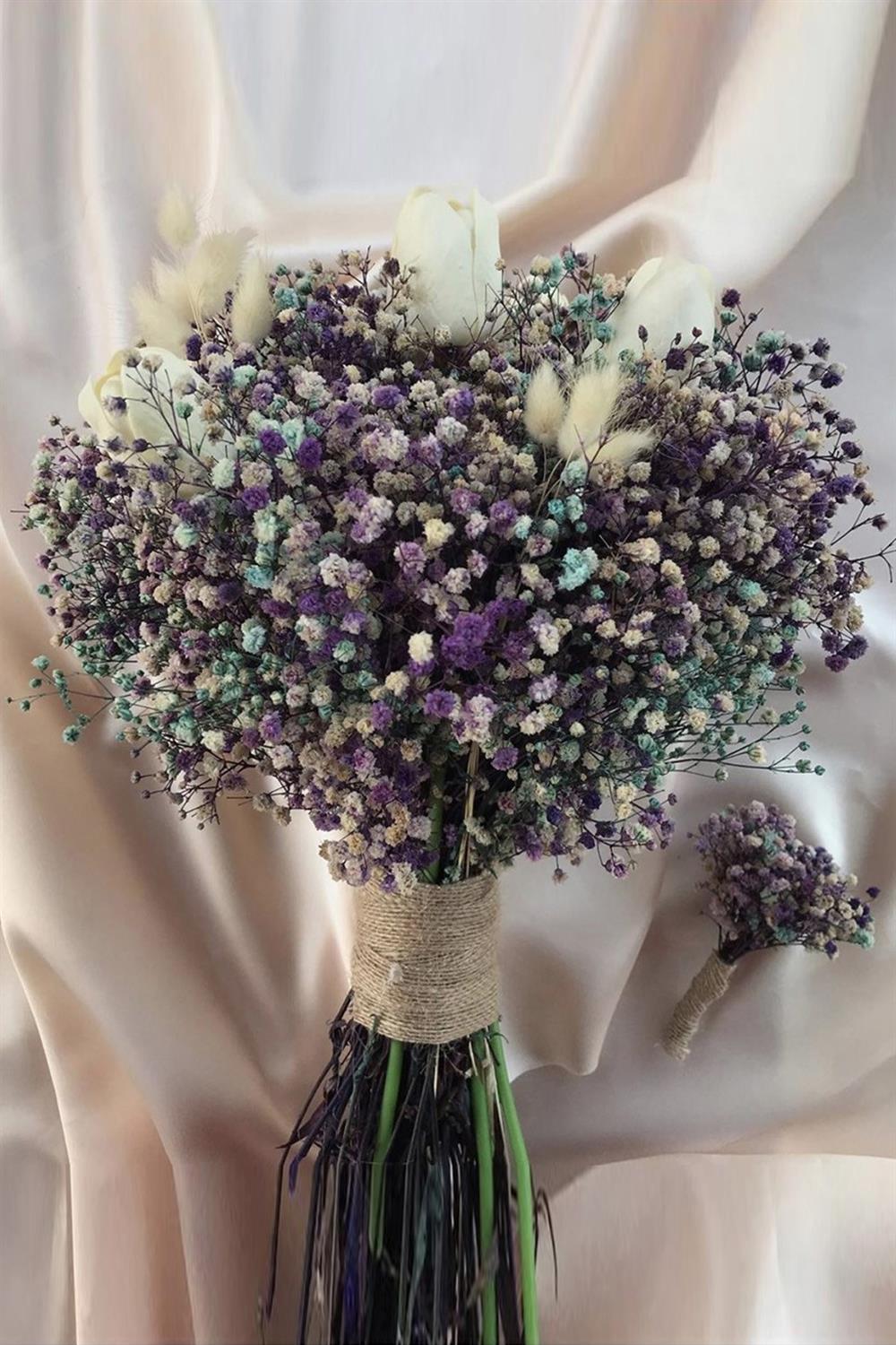 Wholesale Bridal Bouquet with Purple Chipsoli and Wet White Tulips