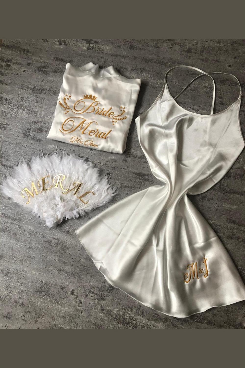 Wholesale Embroidered Personalized Dressing Gown, Fan and Nightgown Set