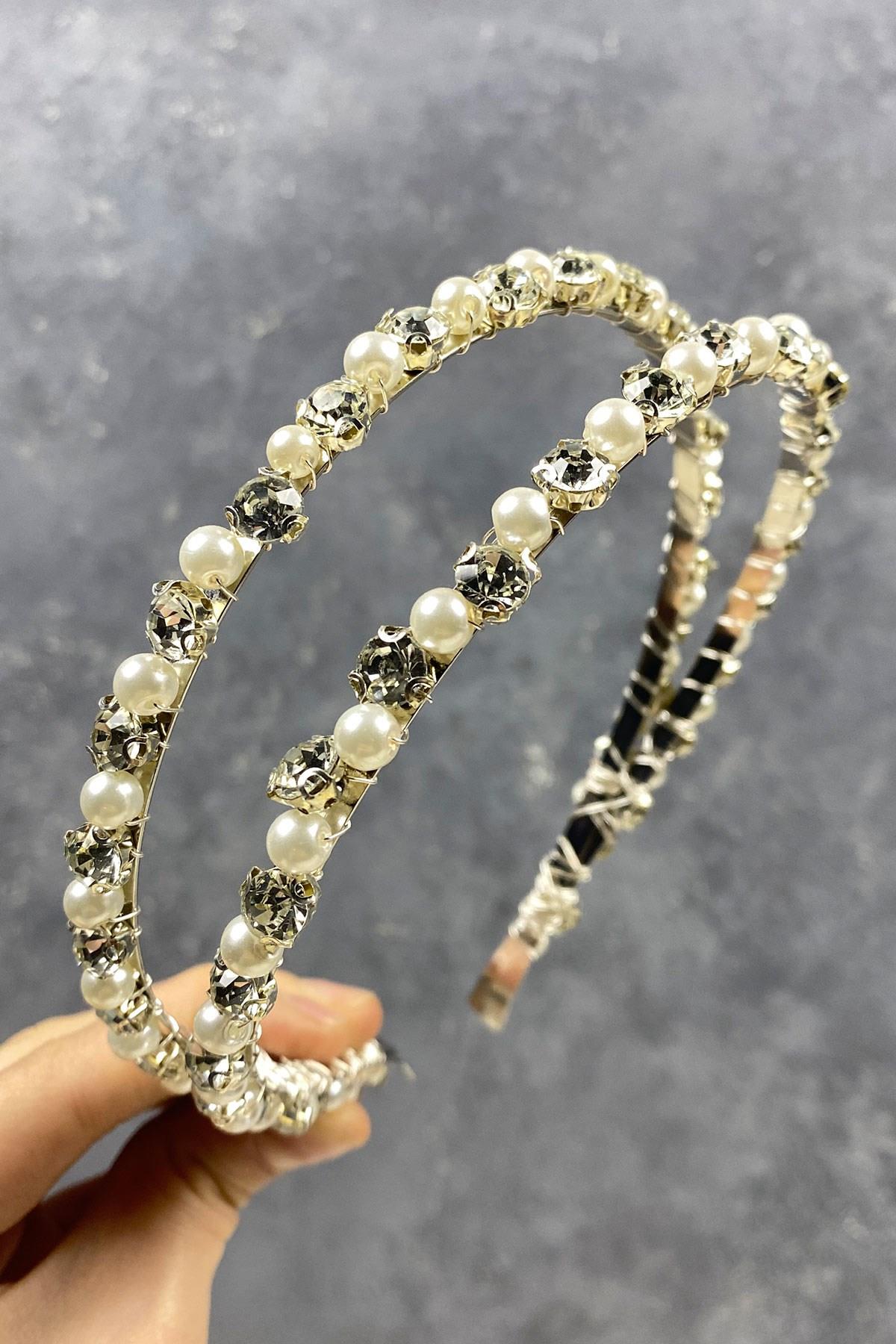 Wholesale Shiny Stone Pearled Double Row Hair Accessory Bridal Crown