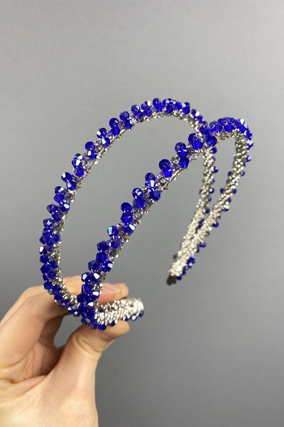 Wholesale Saks Blue Design Beaded Handmade Dahlia Double Row Bridal Crown