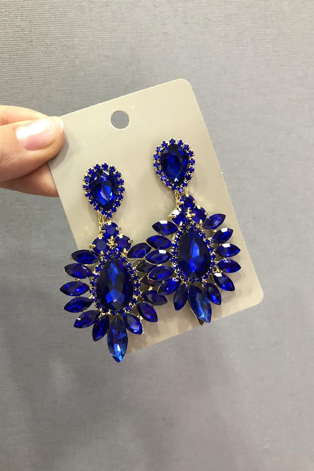 Wholesale Saks Blue Crystal Glass Oval Stone Yellow Earrings