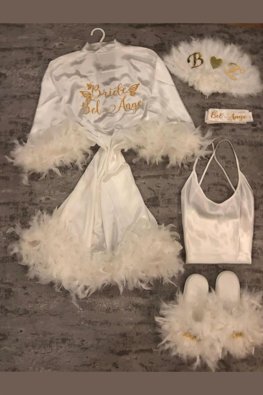 Wholesale Satin Embroidered Personalized Feather Bride Dressing Gown Set