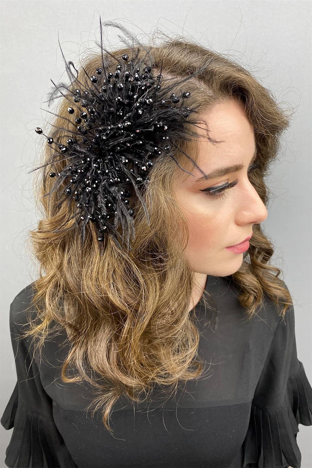 الجملة الكريستال الأسود مطرز والريش مقطع الشعر