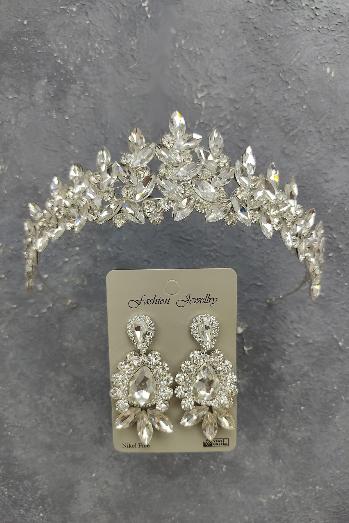 Wholesale Subra Model Bridal Crown and Shuttle Drop Stone Earrings