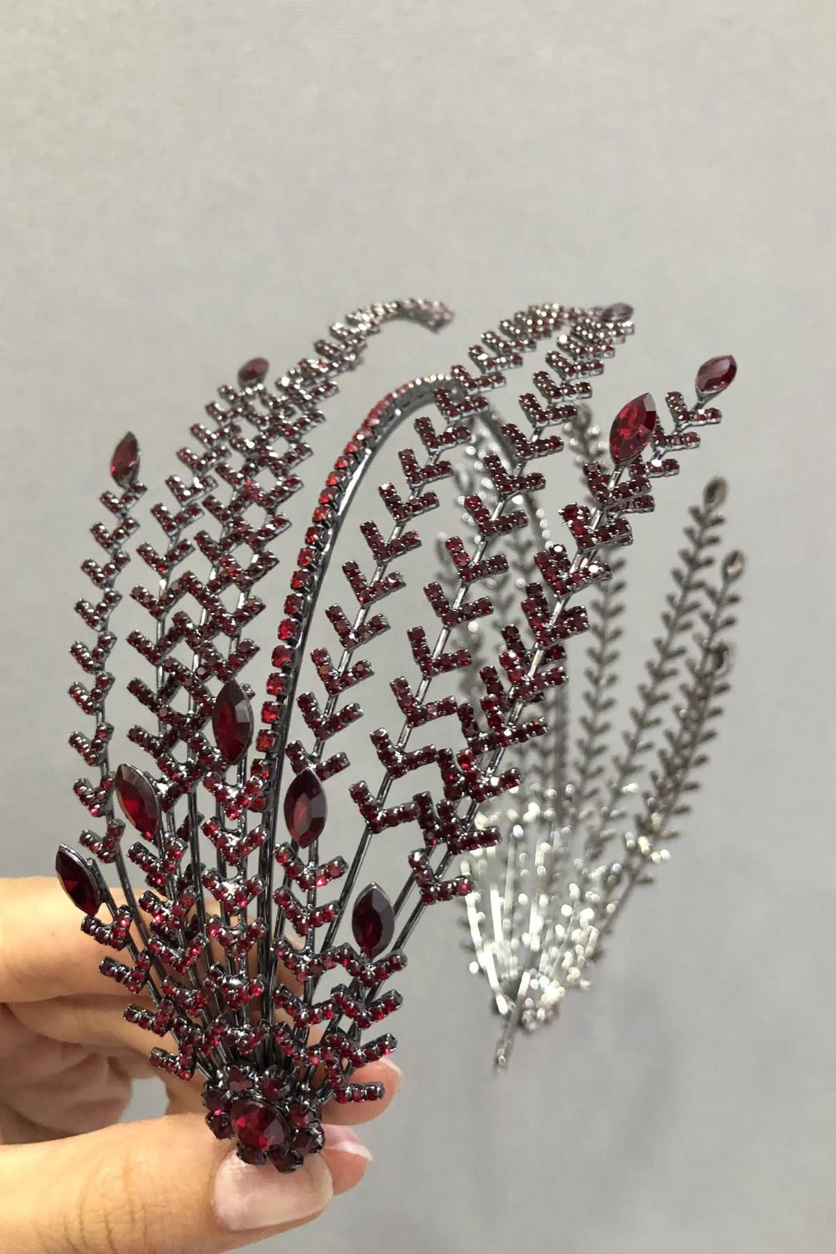 Wholesale Leafy Burgundy Stone Silver Bridal Crown