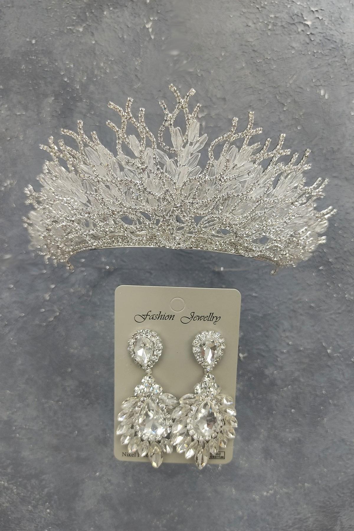 Wholesale Zehra Model Bridal Crown and Drop Shuttle Stone Earrings