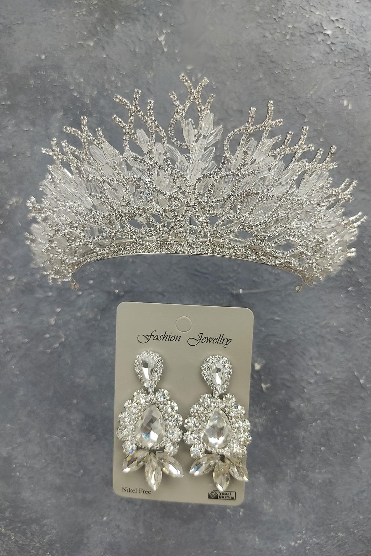 Wholesale Zehra Model Bridal Crown and Shuttle Drop Stone Earrings