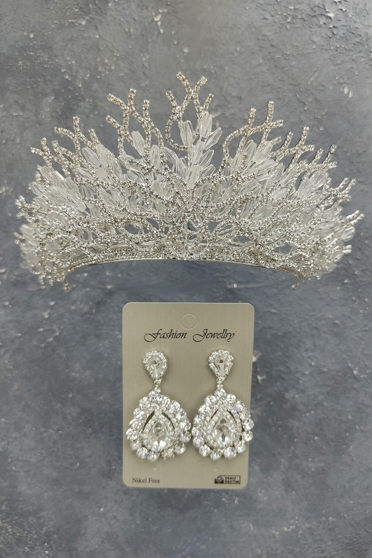 Wholesale Zehra Model Bridal Crown and Shuttle Stone Earrings