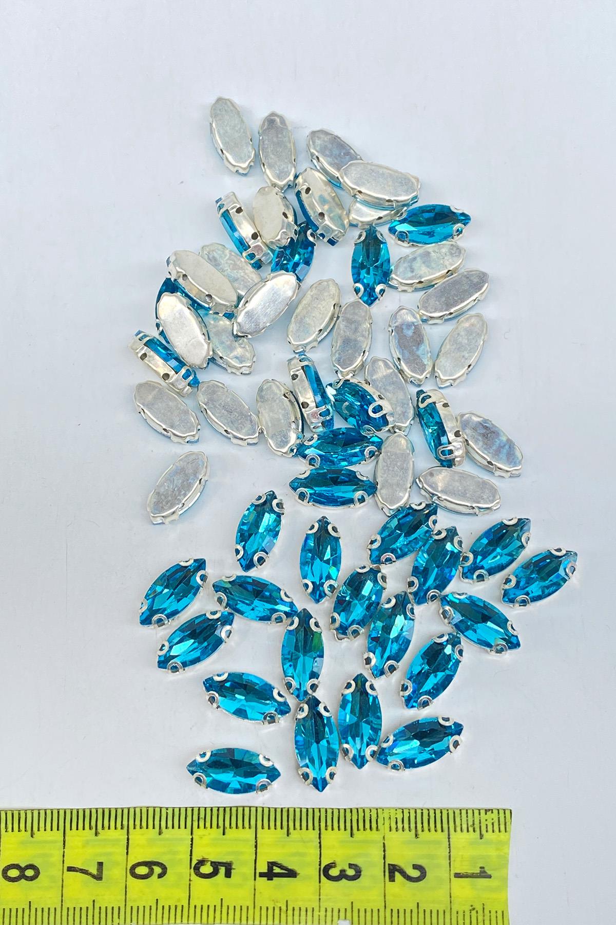 Turkuaz Kasalı Dikme Parlak Cam Mekik Boncuk 10 Adet