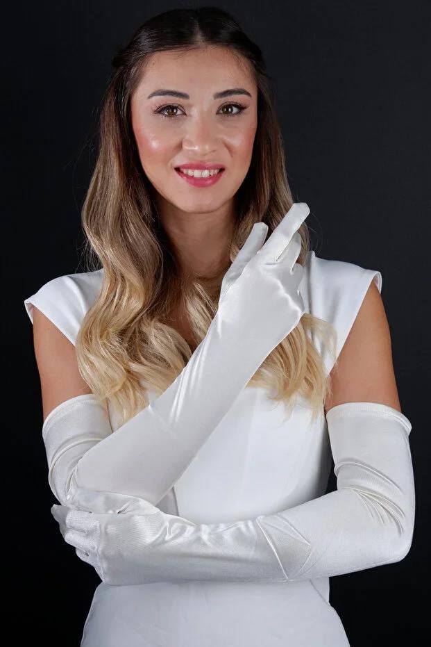 Uzun Düğün Gelin Opera  55 cm Eldiveni Nikah Kına İçin Özel Abiye Saten Eldiven