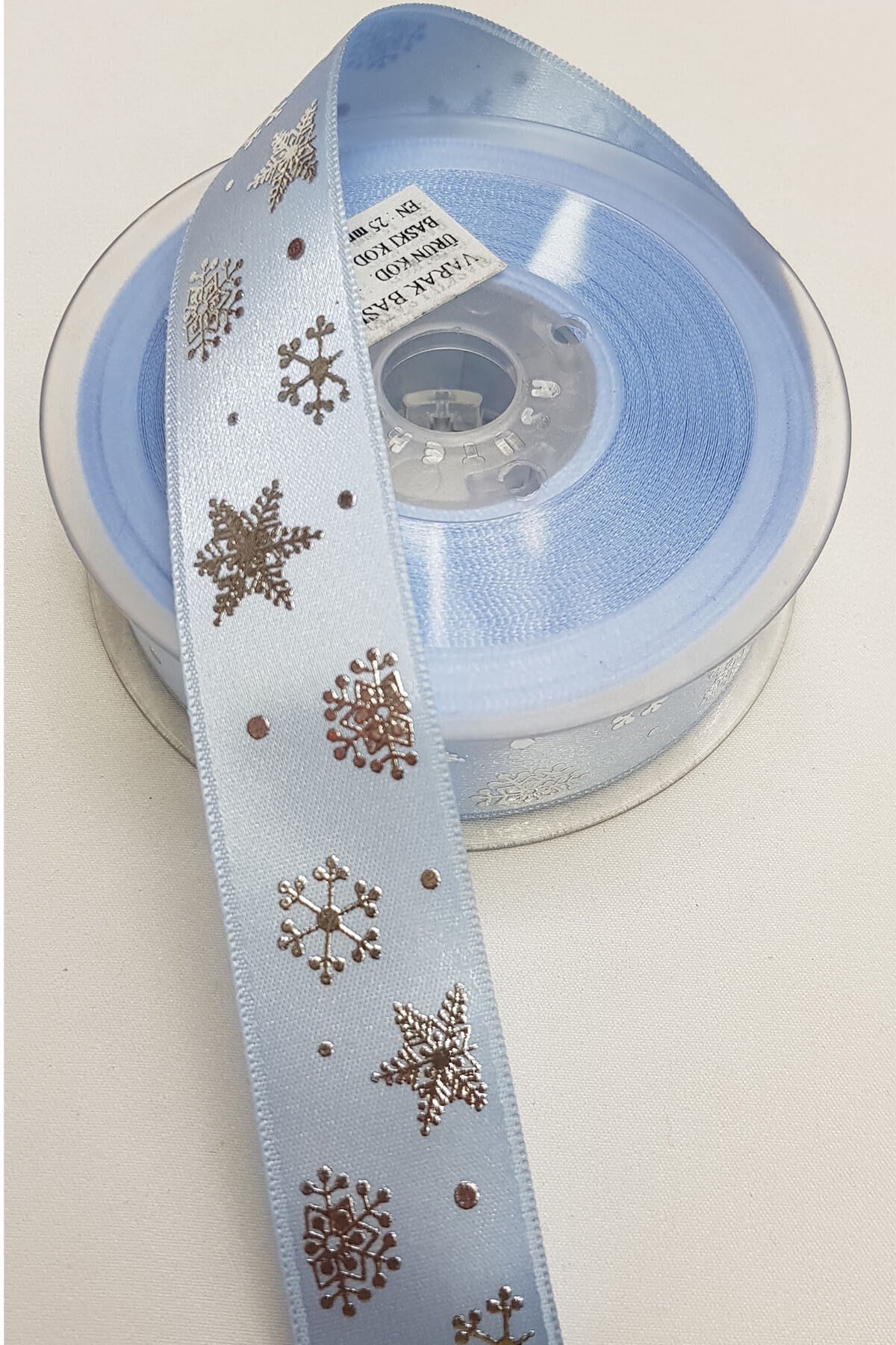 Blue Snowflake Foil Printed Satin Ribbon 2,5Cm