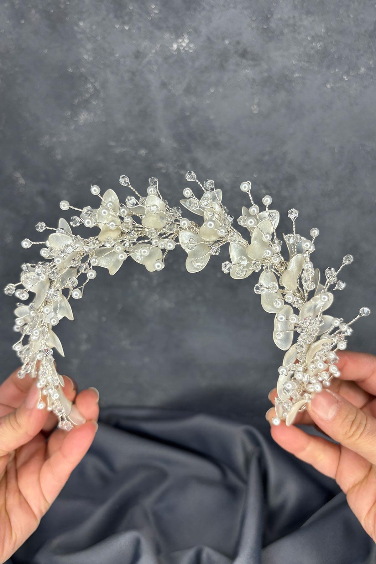 Verassi Mine İşlemeli Sedefli Kristalli Gelin Tacı Saç Aksesuarı