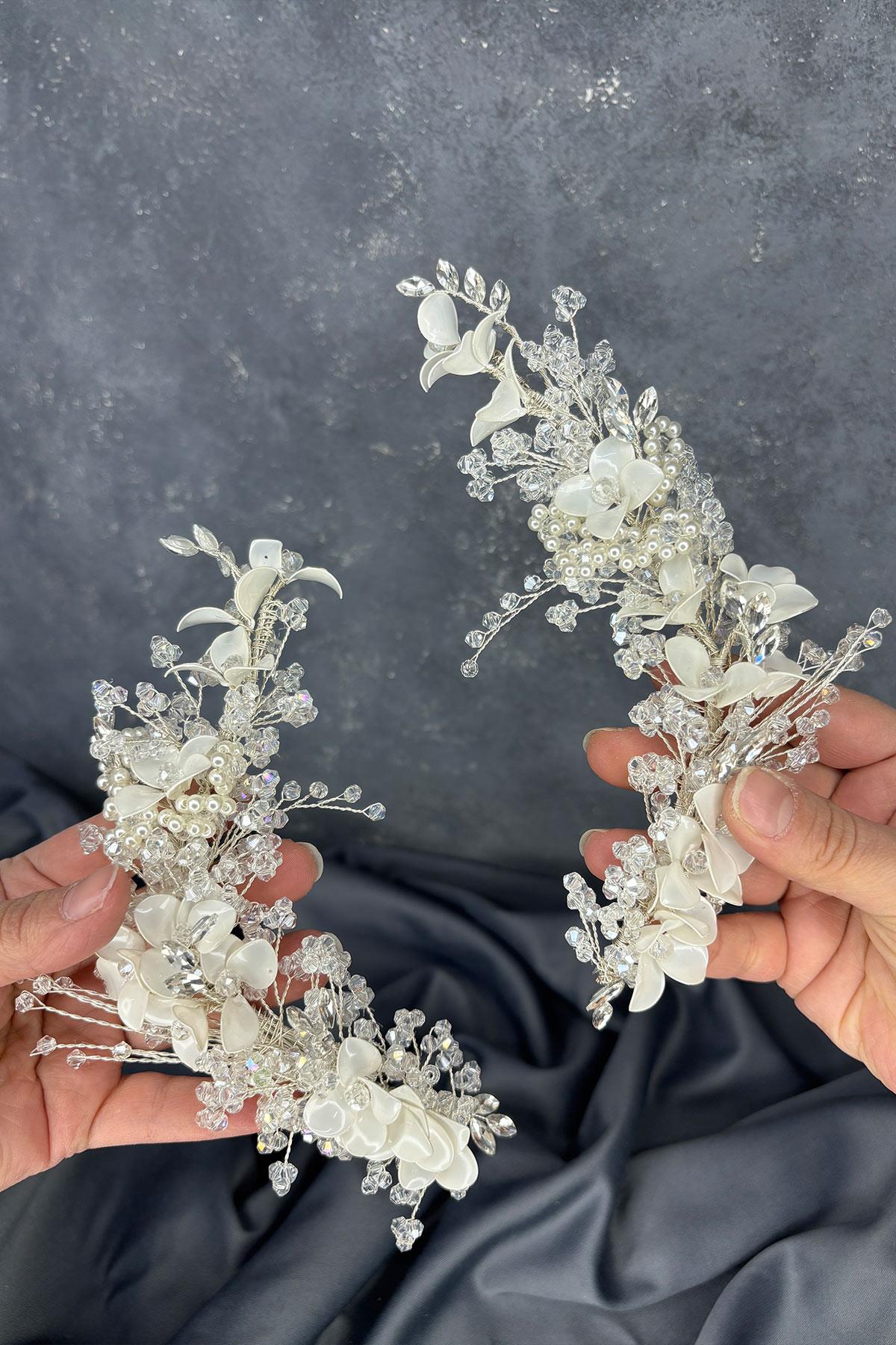 Verdage Yoğun İşlemeli Sedefli Kristalli 2 Li Gelin Tacı Saç Aksesuarı
